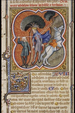 The death of Absalom: pursued by Joab, he remains hanging by his hair in an oak-tree