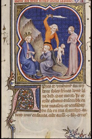 The judgement of Solomon: Solomon gives verdict; he commands a soldier to divide the living child in two; the true mother objects