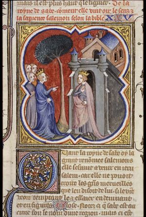 The queen of Sheba before Solomon; testing him with questions