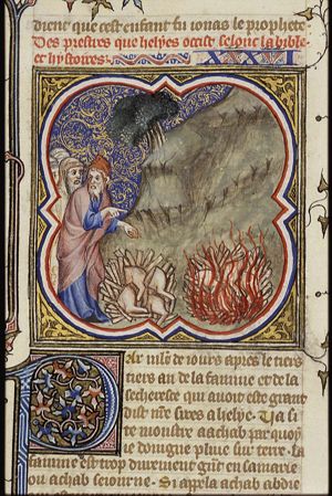 Elijah defies the priests of Baal: as Elijah prays, God sends fire which burns up not only his sacrifice but also the altar itself