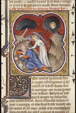 An angel wakes Elijah; a loaf of bread and a jar of water are at Elijah's side