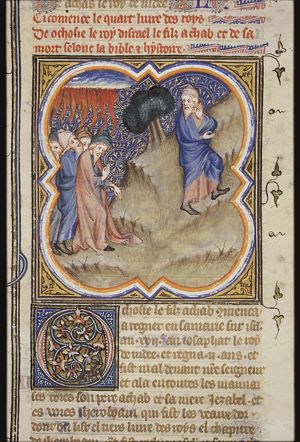 Elijah and the messengers of King Ahaziah; when they reach Elijah, fire comes down and kills the officer and his fifty men