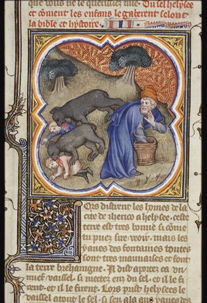 Bears come out of the woods and tear the children, who were mocking Elisha, to pieces