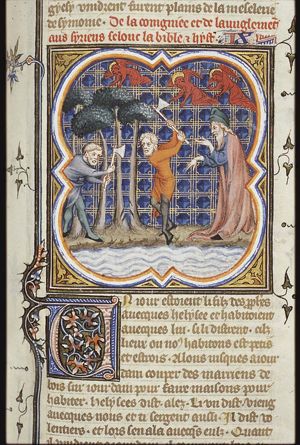 The miraculously floating axe-head: followers of Elisha cut trees near the river Jordan