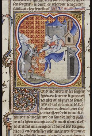The death of Jezebel: Jezebel is thrown out of the window by two soldiers