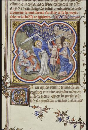 The angel of the Lord decimates the Assyrian camp of king Sennacherib; when Sennacherib is worshipping in the temple, two of his sons kill him with their swords