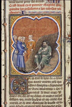 Job on the dung-hill is tormented by his wife and comforted by his friends