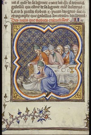 Old Tobit leaves the banquet and wraps the dead man in a shroud