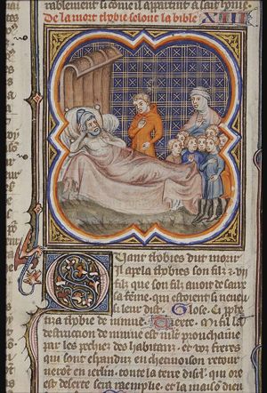 Death of Tobit: on his deathbed he speaks to Tobias and his seven sons