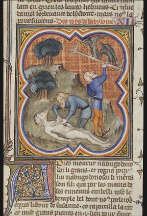 The body of the Babylonian king is cut to pieces and fed to the birds