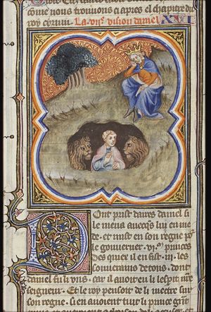 Daniel in the lion's den; King Darius stays awake