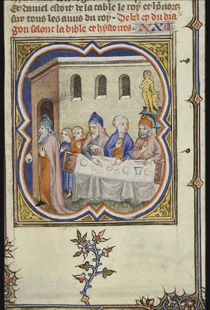 The priests of Bel, with their wives and children, enter the temple through a hidden corridor and feast on the food during the night