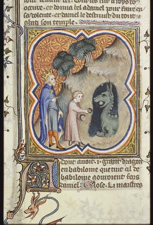 Daniel gives food to the dragon; King Cyrus looking on