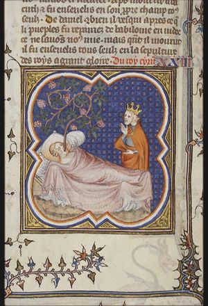 Cyrus, king of Persia, sees a vine coming from the mouth of his sleeping daughter(?)