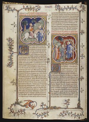 Mordecai's triumph: Mordecai on the king's horse is led through the city by Haman