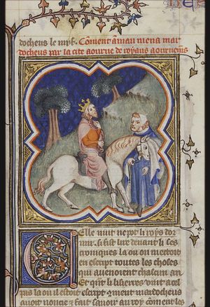 Mordecai's triumph: Mordecai on the king's horse is led through the city by Haman