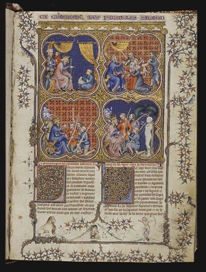 A king (Solomon) with a rod, instructs a child (sitting with an open book)