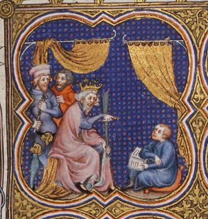 A king (Solomon) with a rod, instructs a child (sitting with an open book)