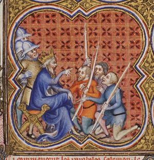 The judgement of Solomon: Solomon gives verdict; he commands a soldier to divide the living child in two; the true mother objects
