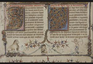 Two lions; a hunter with bow and arrow