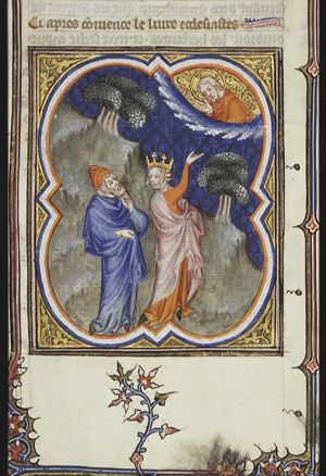 A crowned woman directs the attention of a man towards God: "All wisdom cometh from the Lord, and is with him for ever"