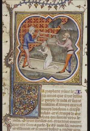 The martyrdom of Isaiah: he is sawn in two