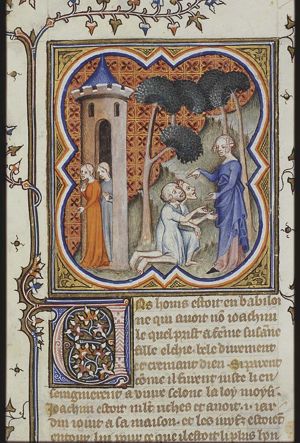 The two elders spy upon Susanna walking in the garden