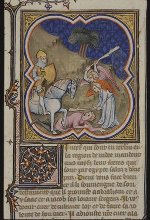 Heliodorus is attacked by a man on horseback and two angels