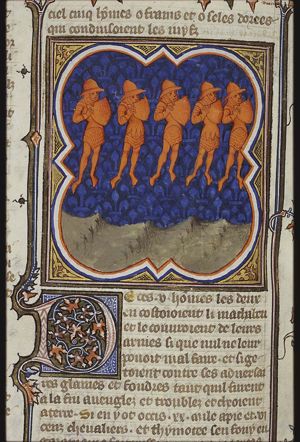 Five warriors descend from heaven to protect the Macabbees against the army of Timotheus
