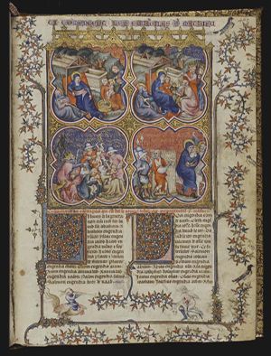 Nativity: Mary lies in bed, looking at the Christ-child, who is being washed by two midwives; the manger is a sarcophagus; St. Joseph sitting on the ground