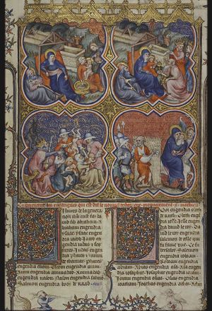 Nativity: Mary lies in bed, looking at the Christ-child, who is being washed by two midwives; the manger is a sarcophagus; St. Joseph sitting on the ground