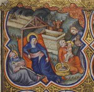 Nativity: Mary lies in bed, looking at the Christ-child, who is being washed by two midwives; the manger is a sarcophagus; St. Joseph sitting on the ground