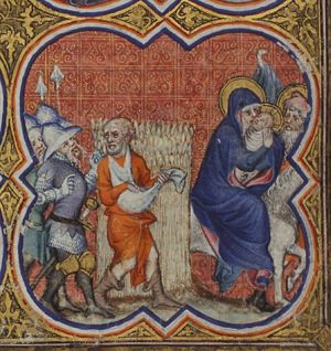 The Flight into Egypt: Mary, St. Joseph and the Christ-child on their way; miracle of the quick-growing corn