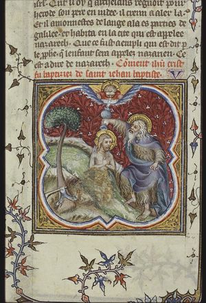 The baptism of Christ by St. John the Baptist; St. John the Baptist preaching: 'the axe is laid to the root of the trees'