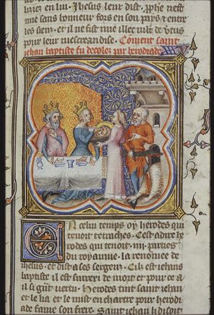 The beheading of St. John the Baptist; Salome offers the head to her mother who cuts the forehead