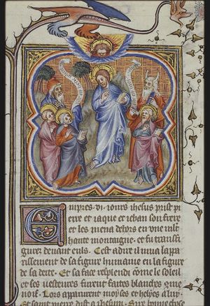 The Transfiguration: Moses and Elijah appear on either side of Christ on Mount Tabor; three apostles present
