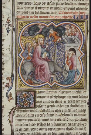 The Entry into Jerusalem: Christ enters the city-gate on an ass