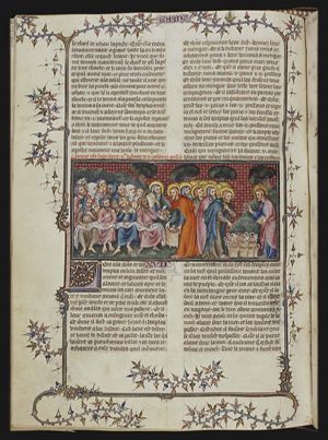 Multiplication of loaves and fishes for a multitude of people: Christ blessing the bread, apostles distribute bread and fish among the multitude