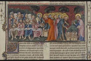 Multiplication of loaves and fishes for a multitude of people: Christ blessing the bread, apostles distribute bread and fish among the multitude