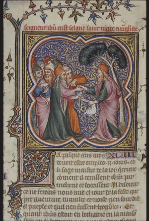 The betrayal of Christ: as a reward Judas receives pieces of silver from the chief priests