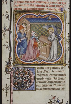 Annunciation of the birth of St. John the Baptist to Zacharias: while he is offering incense in the temple an angel (Gabriel) appears to him