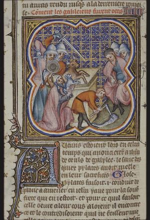 The Galilaeans, whose blood Pilate had mingled with their sacrifices (left); a man digging (parable of the fig-tree in the vineyard, right)