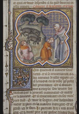 The parable of the prodigal son: he tends the swine and eats from their trough; the prodigal son kneels before his father who takes him in his arms