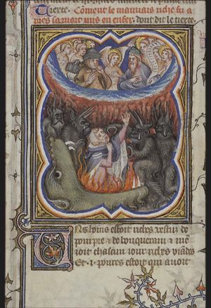 Lazarus and Dives: in hell Dives sees Lazarus in paradise; Dives pointing at his tongue
