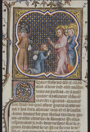 Christ and the ten lepers; one leper, a Samaritan, sent to the priest by Christ, returns and kneels before him