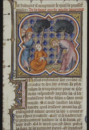 Pharisees bring a woman accused of adultery before Christ; Christ writes on the ground