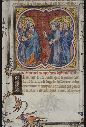 St. Peter and St. John are questioned by the high priest and the Sanhedrin