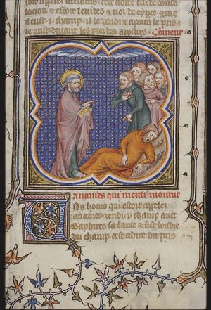 Ananias, rebuked by Peter because he lied about the price of his land, falls down and dies