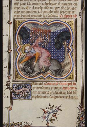 The conversion of St. Paul: on the way to Damascus Christ appears to Saul, who falls from his horse and is blinded by the light