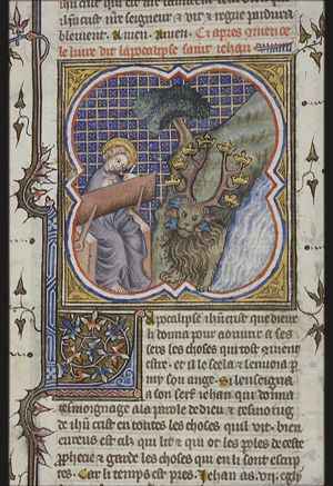 The Evangelist St. John and his vision of the leopard-like beast with seven heads that comes out of the sea